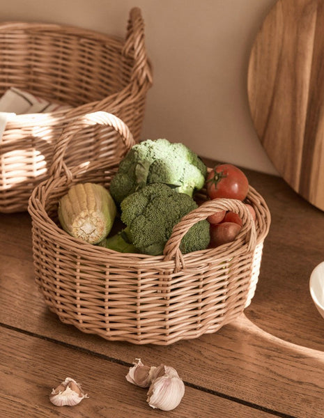 Picnic Fruit Basket with Handle, Kitchen Storage Baskets, Natural Hand-woven Wicker Round Storage Basket, Lovely Willow Weaving Baskets for Vegetable, Natural Fruit Storage Basket-ArtWorkCrafts.com