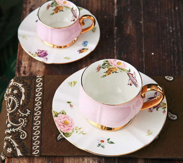 Unique Coffee Cup and Saucer in Gift Box as Birthday Gift, Elegant Pink Ceramic Cups, Beautiful British Tea Cups, Creative Bone China Porcelain Tea Cup Set-ArtWorkCrafts.com