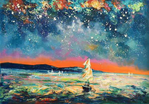 Modern Abstract Art, Oil Painting, Starry Night Sky, Landscape Painting, Bedroom Wall Art-ArtWorkCrafts.com