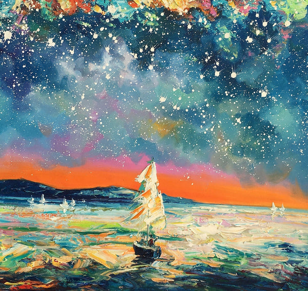 Modern Abstract Art, Oil Painting, Starry Night Sky, Landscape Painting, Bedroom Wall Art-ArtWorkCrafts.com