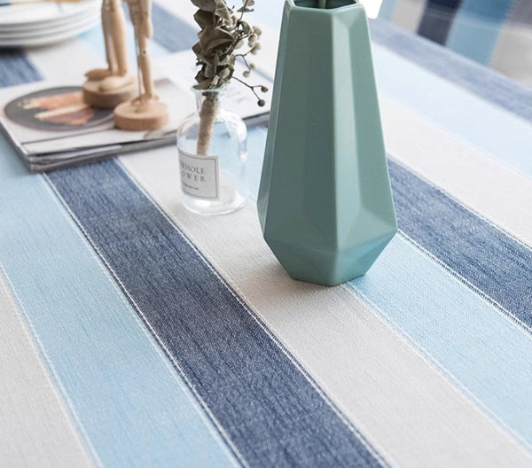 Blue Stripe Rectangular Tablecloth for Oval Table, Cotton and Linen Tablecloths, Rectangular Table Covers for Coffee Table, Modern Table Cloths for Dining Room-ArtWorkCrafts.com
