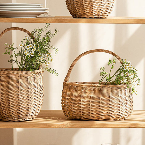 Wicker Storage Basket for Kitchen, Hand-woven Picnic Food Basket with Handle, Willow Weaving Baskets for Vegetable, Natural Fruit Basket, Storage Basket for Shelves-ArtWorkCrafts.com