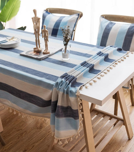 Blue Stripe Rectangular Tablecloth for Oval Table, Cotton and Linen Tablecloths, Rectangular Table Covers for Coffee Table, Modern Table Cloths for Dining Room-ArtWorkCrafts.com
