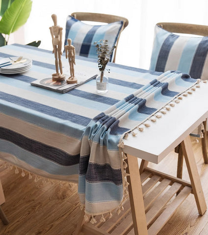 Blue Stripe Rectangular Tablecloth for Oval Table, Cotton and Linen Tablecloths, Rectangular Table Covers for Coffee Table, Modern Table Cloths for Dining Room-ArtWorkCrafts.com