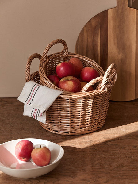 Large Picnic Fruit Basket with Handle, Natural Hand-woven Wicker Round Storage Basket, Lovely Willow Weaving Baskets for Vegetable, Natural Fruit Storage Basket, Kitchen Storage Baskets-ArtWorkCrafts.com