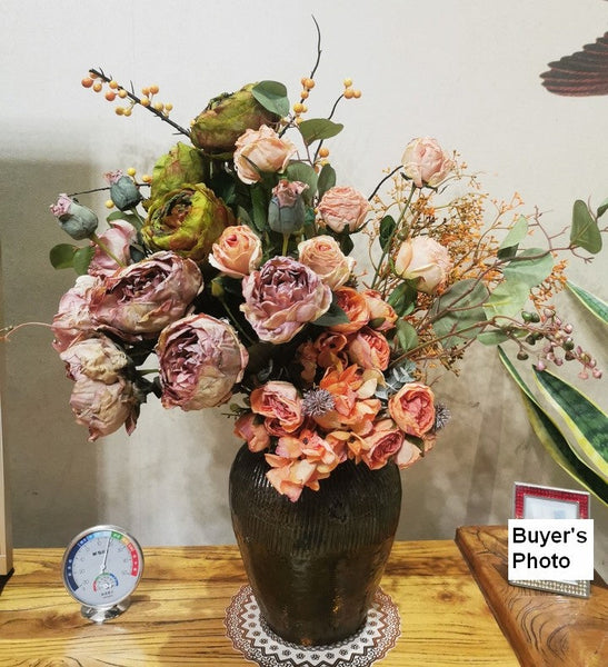 Beautiful Peony Rose Flowers Arrangement Interior Design, Large Faux Silk Floral Bouquet, Modern Artificial Floral Arrangement for Bedroom-ArtWorkCrafts.com
