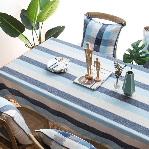 Blue Stripe Rectangular Tablecloth for Oval Table, Cotton and Linen Tablecloths, Rectangular Table Covers for Coffee Table, Modern Table Cloths for Dining Room-ArtWorkCrafts.com