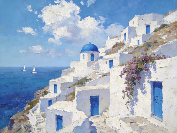 Landscape Wall Art Paintings, Santorini's Seaside Symphony, Hand Painted Canvas Art, Small Original Oil Paintings, Landscape Paintings for Living Room-ArtWorkCrafts.com