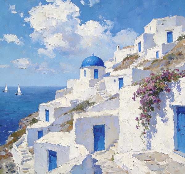Landscape Wall Art Paintings, Santorini's Seaside Symphony, Hand Painted Canvas Art, Small Original Oil Paintings, Landscape Paintings for Living Room-ArtWorkCrafts.com