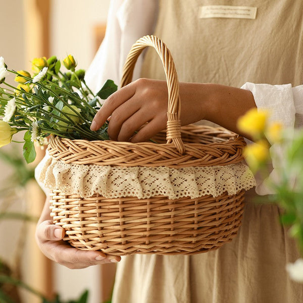 Storage Basket for Shelves, Picnic Storage Basket with Handle, Hand-woven Wicker Storage Basket, Natural Fruit Basket, Willow Weaving Baskets for Kitchen-ArtWorkCrafts.com