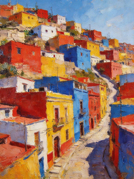 Guanajuato's Luminous Color Town, Original Wall Art Paintings, Hand Painted Canvas Wall Art, Heavy Texture Artwork, Small Oil Paintings-ArtWorkCrafts.com