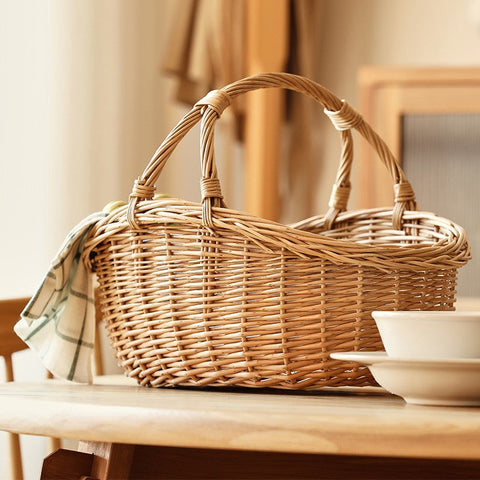 Large Kitchen Storage Baskets, Picnic Storage Basket with Handle, Hand-woven Wicker Storage Basket, Willow Weaving Baskets for Vegetable, Natural Fruit Basket-ArtWorkCrafts.com
