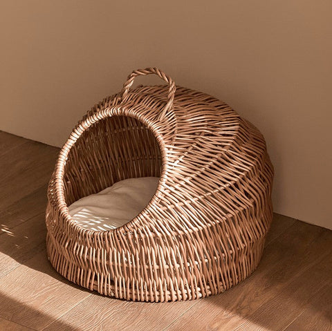 Indoor Cat Bed, Natural Wicker Cat House Basket with Washable Cushion for Indoor Cats and Dogs-ArtWorkCrafts.com