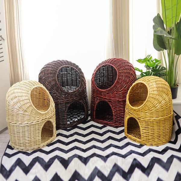 Large Double-Layer Cat Bed, Wicker Cat House Basket with Washable Cushion for Indoor Cats and Dogs-ArtWorkCrafts.com