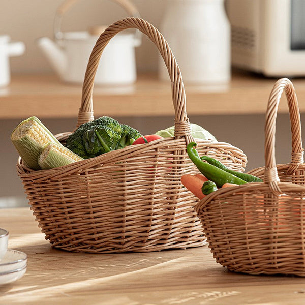 Natural Hand-woven Wicker Storage Basket, Large Picnic Food Basket with Handle, Lovely Willow Weaving Baskets for Vegetable, Natural Fruit Basket, Kitchen Storage Baskets-ArtWorkCrafts.com