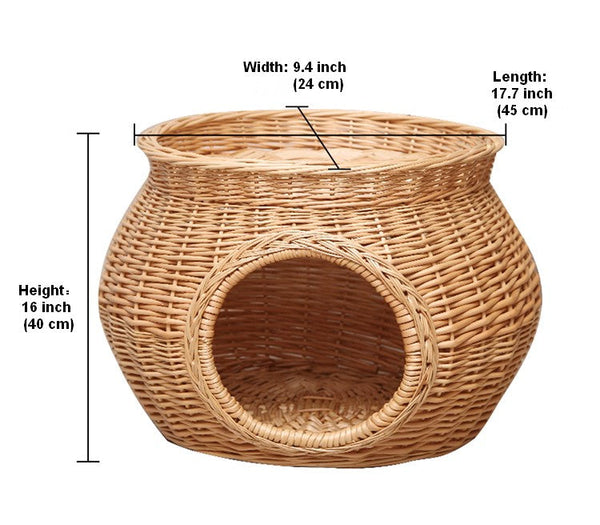 Wicker Cat House Basket with Washable Cushion for Indoor Cats and Dogs, Rattan Cat Bed-ArtWorkCrafts.com