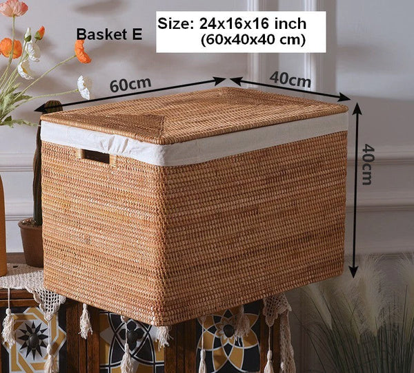 Oversized Storage Baskets for Bedroom, Rectangular Woven Storage Baskets for Clothes, Large Rectangular Storage Basket with Lid, Rattan Storage Case-ArtWorkCrafts.com