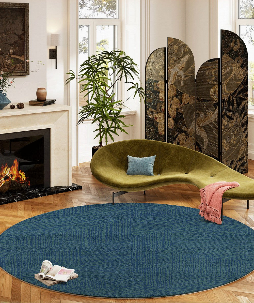Geometric Round Rugs for Dining Room, Blue Contemporary Modern Rugs, Mid Century Round Modern Rugs under Chairs, Bedroom Abstract Modern Area Rugs-ArtWorkCrafts.com