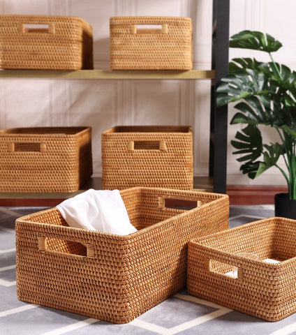 Extra Large Rectangular Storage Basket, Large Storage Baskets for Clothes, Woven Rattan Storage Basket for Shelves, Storage Baskets for Kitchen-ArtWorkCrafts.com