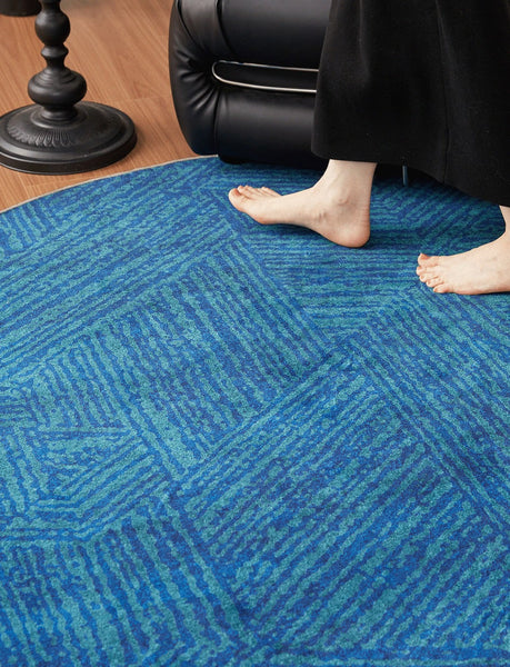 Geometric Round Rugs for Dining Room, Blue Contemporary Modern Rugs, Mid Century Round Modern Rugs under Chairs, Bedroom Abstract Modern Area Rugs-ArtWorkCrafts.com