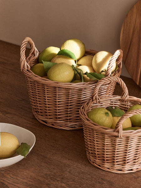 Large Picnic Fruit Basket with Handle, Natural Hand-woven Wicker Round Storage Basket, Lovely Willow Weaving Baskets for Vegetable, Natural Fruit Storage Basket, Kitchen Storage Baskets-ArtWorkCrafts.com