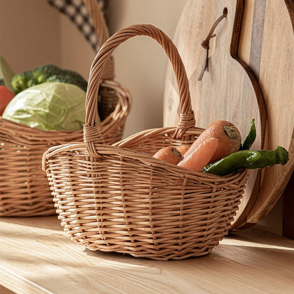 Natural Hand-woven Wicker Storage Basket, Large Picnic Food Basket with Handle, Lovely Willow Weaving Baskets for Vegetable, Natural Fruit Basket, Kitchen Storage Baskets-ArtWorkCrafts.com