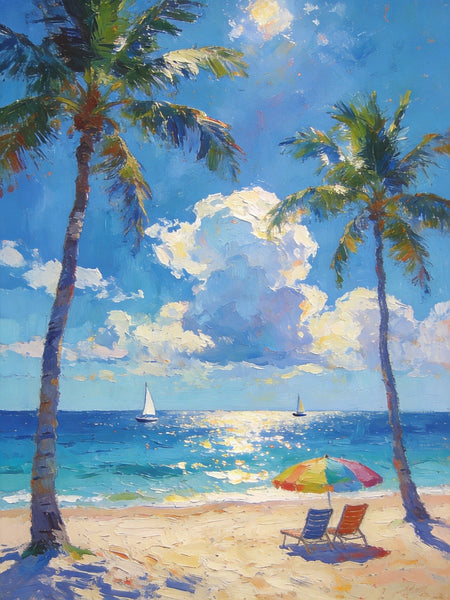Coastal Serenity Scene, Palm Trees Seashore Paintings, Hand Painted Canvas Wall Art, Original Artwork, Small Oil Paintings, Heavy Texture Artwork, Small Canvas Paintings-ArtWorkCrafts.com