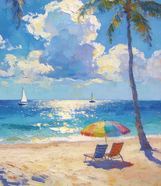 Coastal Serenity Scene, Palm Trees Seashore Paintings, Hand Painted Canvas Wall Art, Original Artwork, Small Oil Paintings, Heavy Texture Artwork, Small Canvas Paintings-ArtWorkCrafts.com