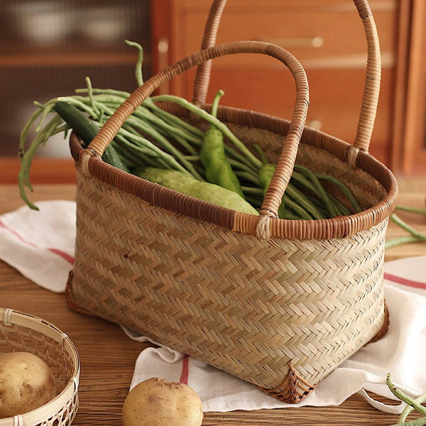 Storage Basket with Handle, Large Kitchen Storage Baskets, Natural Hand-woven Bamboo Storage Basket, Lovely Bamboo Weaving Baskets for Vegetable, Picnic Fruit Storage Baskets-ArtWorkCrafts.com