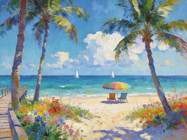 Landscape Paintings for Dining Room, Seaside Bliss with Palms, Small Paintings On Canvas, Hand Painted Canvas Art, Hand Painted Canvas Art, Original Oil Paintings-ArtWorkCrafts.com