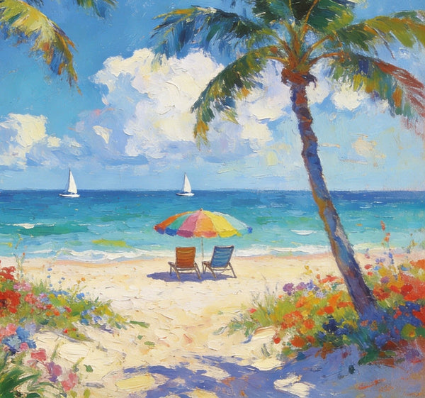 Landscape Paintings for Dining Room, Seaside Bliss with Palms, Small Paintings On Canvas, Hand Painted Canvas Art, Hand Painted Canvas Art, Original Oil Paintings-ArtWorkCrafts.com