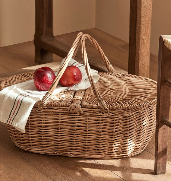 Extra Large Picnic Food Basket with Handle, Kitchen Storage Baskets, Natural Hand-woven Wicker Storage Basket, Lovely Willow Weaving Baskets for Vegetable, Natural Fruit Basket-ArtWorkCrafts.com