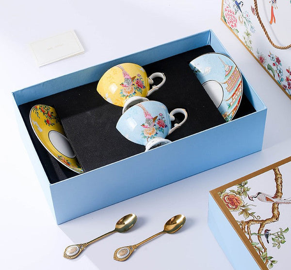 Elegant Oriental Pheasant Ceramic Cups, Beautiful Bird Pattern Tea Cups, 8 oz Porcelain Tea Cup Saucer Set of 2 Cups, Unique Tea Cup and Saucer in Gift Box-ArtWorkCrafts.com