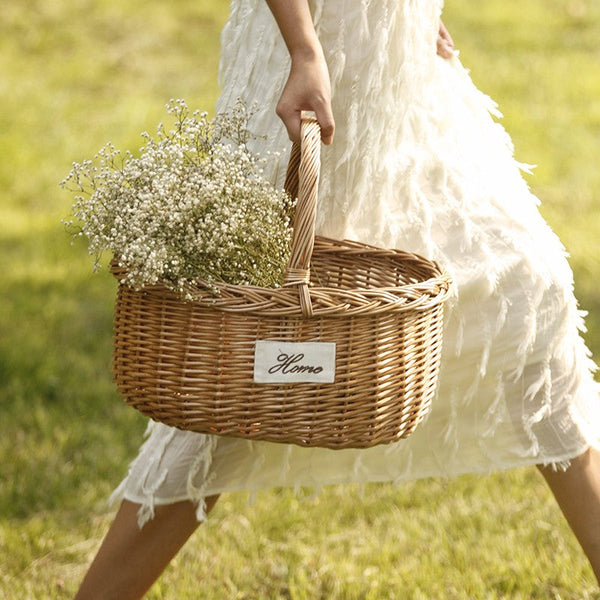 Hand-woven Wicker Storage Basket, Large Picnic Food Basket with Handle, Willow Weaving Baskets for Vegetable, Natural Fruit Basket, Kitchen Storage Baskets-ArtWorkCrafts.com