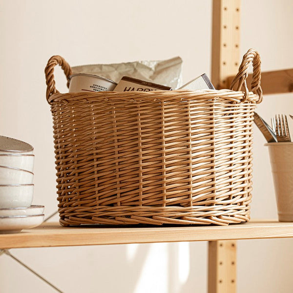 Small Picnic Fruit Basket with Handle, Kitchen Storage Baskets, Natural Hand-woven Wicker Round Storage Basket, Small Willow Weaving Baskets for Vegetable, Natural Fruit Storage Basket-ArtWorkCrafts.com