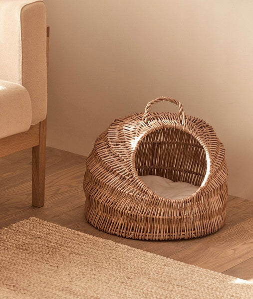 Indoor Cat Bed, Natural Wicker Cat House Basket with Washable Cushion for Indoor Cats and Dogs-ArtWorkCrafts.com