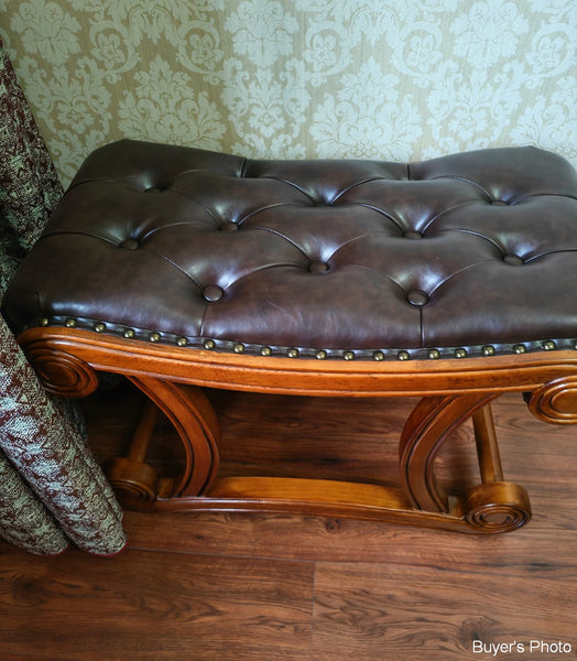Vintage Leather Stool, Genuine Leather Solid Wood Entry Bench, Cherry Wood Footstool, Long Bench, Vanity Stool, Dressing Table Stool-ArtWorkCrafts.com