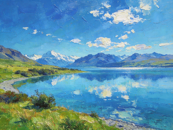 Mountain Landscape Paintings, New Zealand Lake Charm, Small Paintings on Canvas, Original Landscape Paintings, Hand Painted Canvas Artwork-ArtWorkCrafts.com