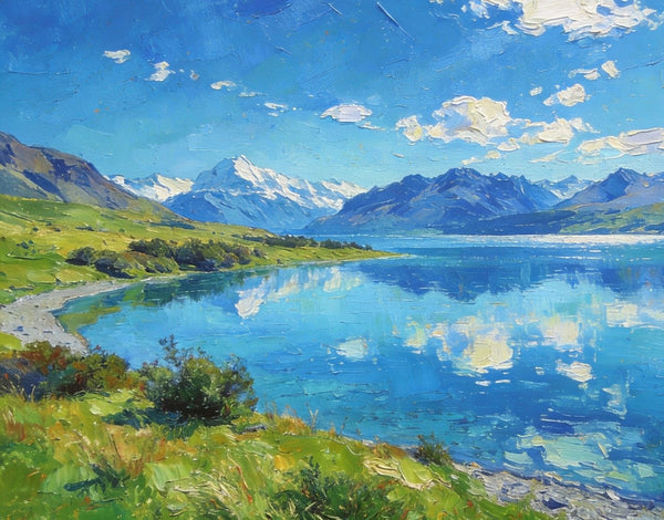 Mountain Landscape Paintings, New Zealand Lake Charm, Small Paintings on Canvas, Original Landscape Paintings, Hand Painted Canvas Artwork-ArtWorkCrafts.com