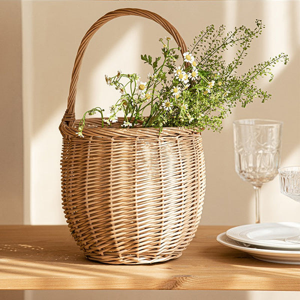 Wicker Storage Basket for Kitchen, Hand-woven Picnic Food Basket with Handle, Willow Weaving Baskets for Vegetable, Natural Fruit Basket, Storage Basket for Shelves-ArtWorkCrafts.com
