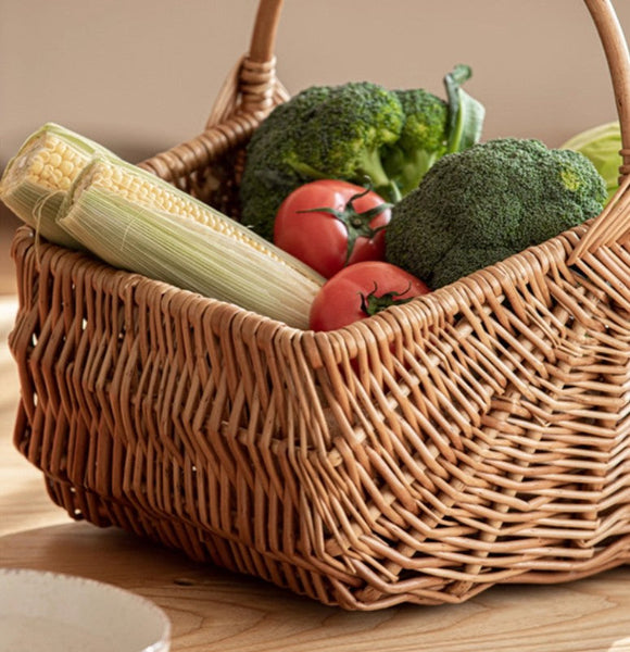 Large Picnic Food Basket with Handle, Natural Hand-woven Wicker Storage Basket, Lovely Willow Weaving Baskets for Vegetable, Natural Fruit Basket, Kitchen Storage Baskets-ArtWorkCrafts.com