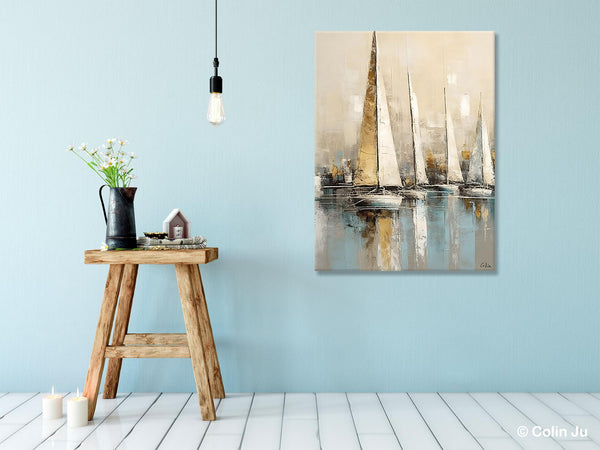 Modern Abstract Wall Art Paintings, Large Original Canvas Art for Bedroom, Large Painting Ideas for Living Room, Sail Boat Canvas Painting