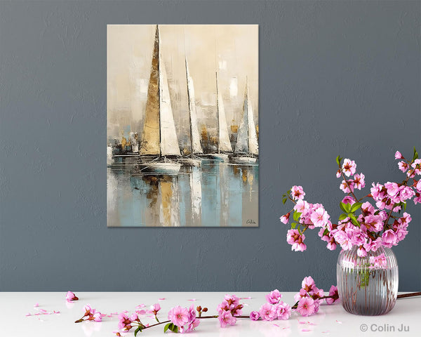 Modern Abstract Wall Art Paintings, Large Original Canvas Art for Bedroom, Large Painting Ideas for Living Room, Sail Boat Canvas Painting