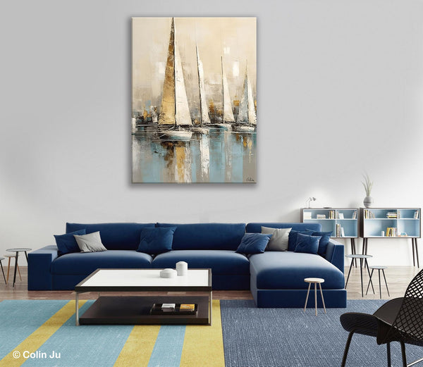 Modern Abstract Wall Art Paintings, Large Original Canvas Art for Bedroom, Large Painting Ideas for Living Room, Sail Boat Canvas Painting