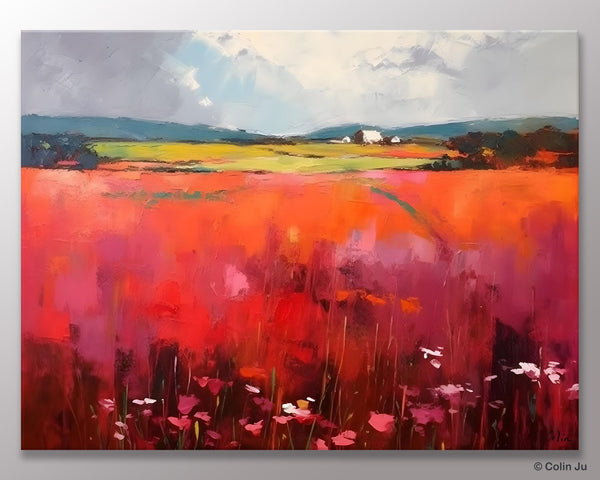 Abstract Canvas Painting, Landscape Paintings for Living Room, Red Poppy Field Painting, Original Hand Painted Wall Art, Abstract Landscape Art
