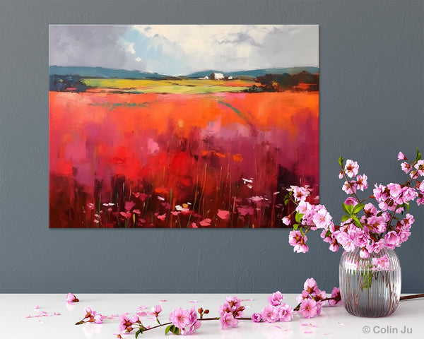 Abstract Canvas Painting, Landscape Paintings for Living Room, Red Poppy Field Painting, Original Hand Painted Wall Art, Abstract Landscape Art