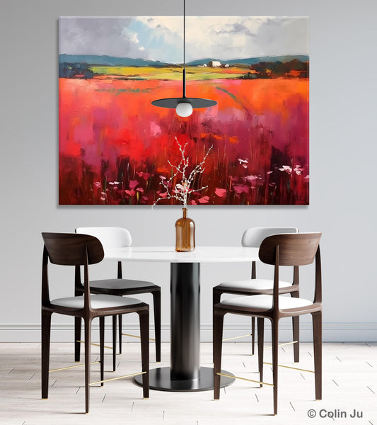 Abstract Canvas Painting, Landscape Paintings for Living Room, Red Poppy Field Painting, Original Hand Painted Wall Art, Abstract Landscape Art