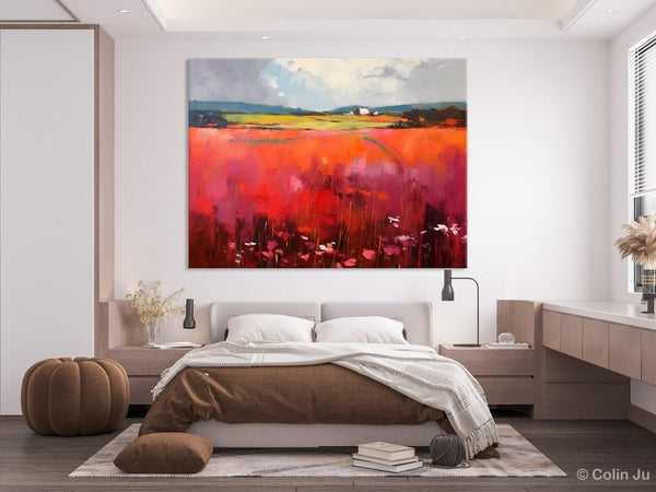 Abstract Canvas Painting, Landscape Paintings for Living Room, Red Poppy Field Painting, Original Hand Painted Wall Art, Abstract Landscape Art