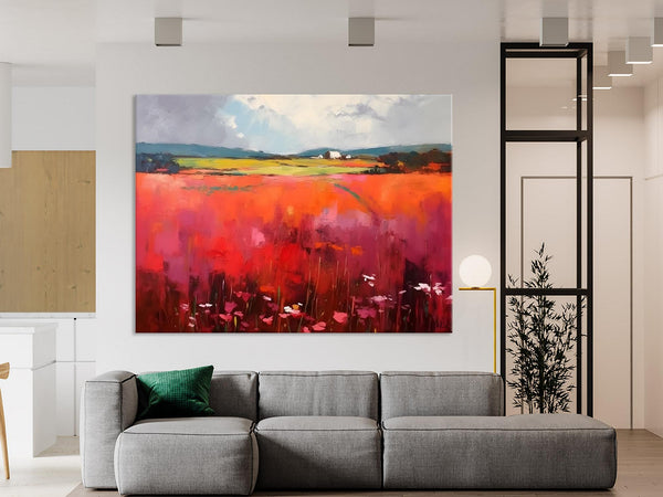 Abstract Canvas Painting, Landscape Paintings for Living Room, Red Poppy Field Painting, Original Hand Painted Wall Art, Abstract Landscape Art