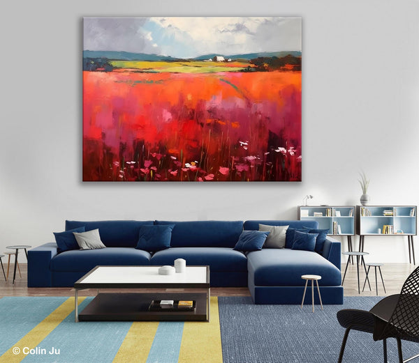 Abstract Canvas Painting, Landscape Paintings for Living Room, Red Poppy Field Painting, Original Hand Painted Wall Art, Abstract Landscape Art